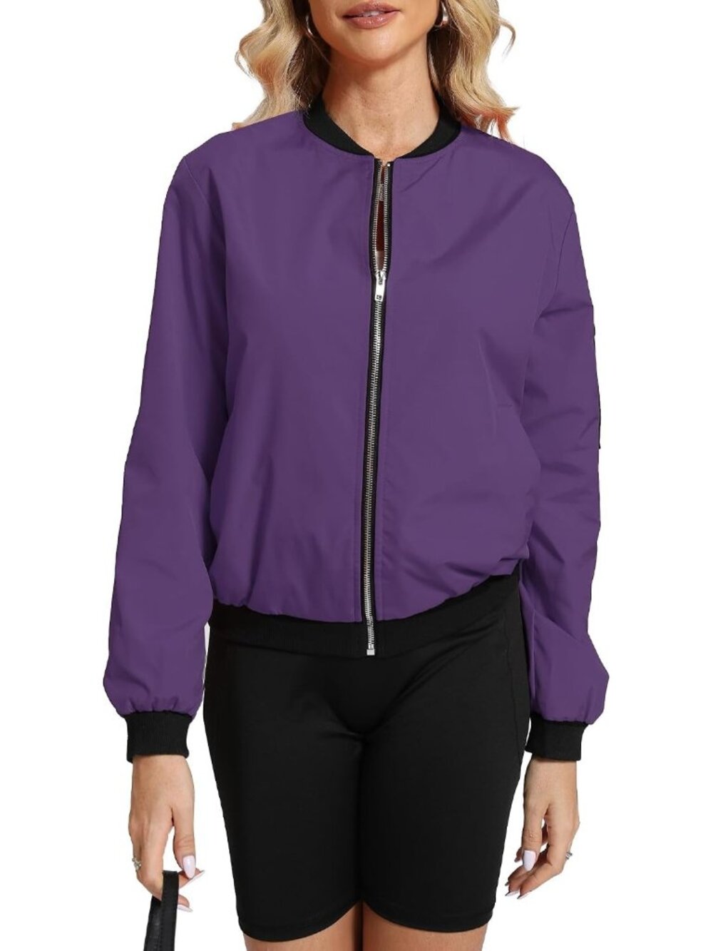 Women Purple 100% Polyester Zip-Up Shawl Collar Pocket Windbreaker Bomber Jacket